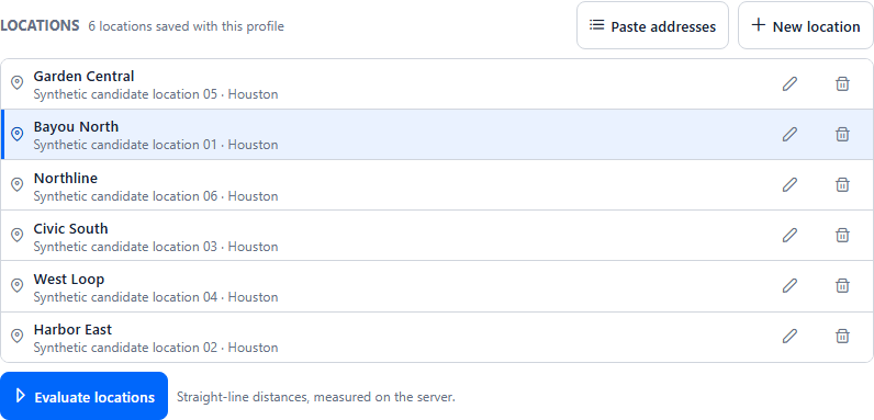 ConstaSite list of addresses being checked, shown with synthetic data.
